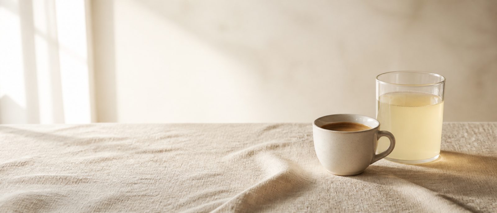 Tazzina di caffè e bicchiere con la bevanda al mattino