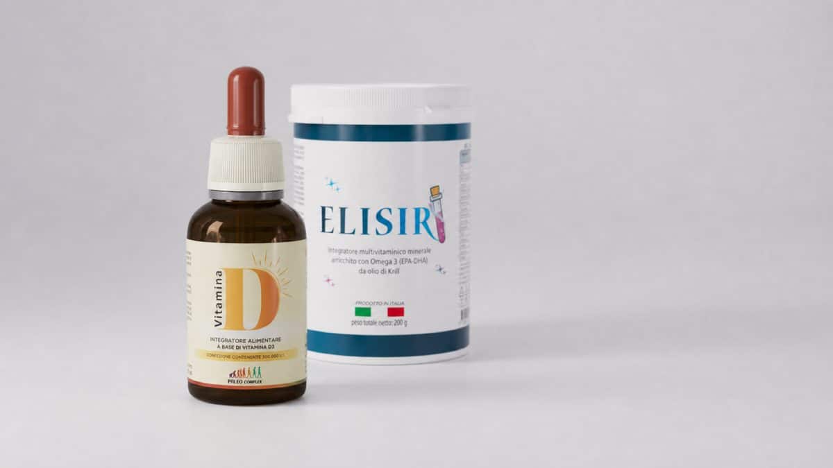 Il flacone di Vitamina D in gocce davanti al barattolo di Elisir