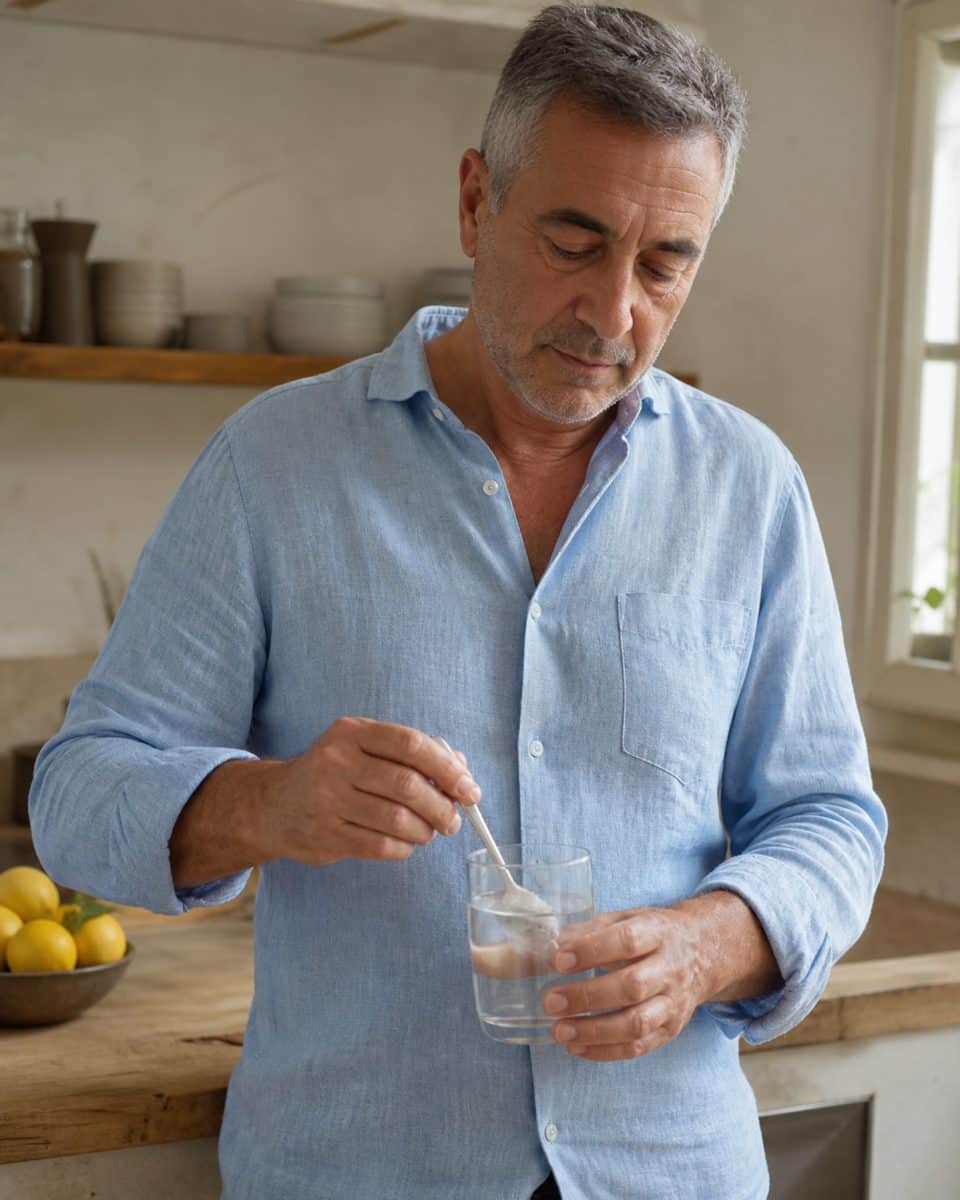 Un uomo di circa sessant'anni scioglie la polvere in un bicchiere d'acqua in cucina